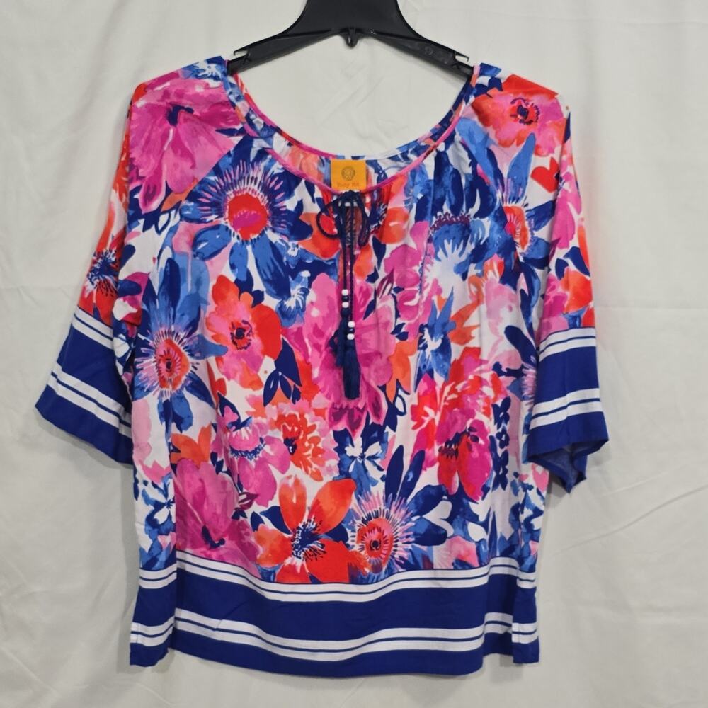 Ruby Rd. Womens XL Multicolor Floral Tassel Drawstring 3/4 Sleeve Tunic Blouse